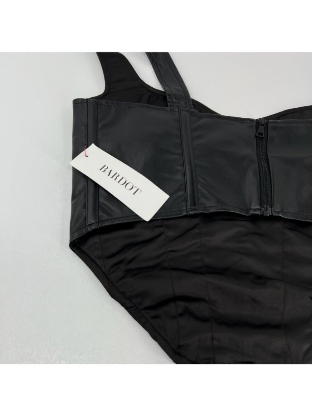 Bardot Faux Leather Corset Bustier Top Women 4 Boned Back Zip Cropped Cami Black - Picture 10 of 13